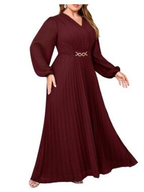 Plus Size Chiffon Maxi Dress Pleated V-Neck Lantern Sleeve Formal Gown